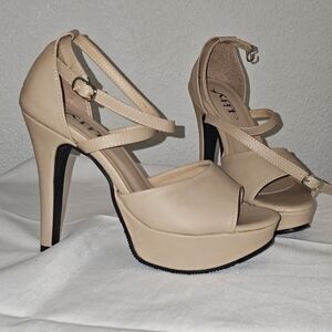 Lily Beige Peep-Toe Platform Heels with Ankle Straps